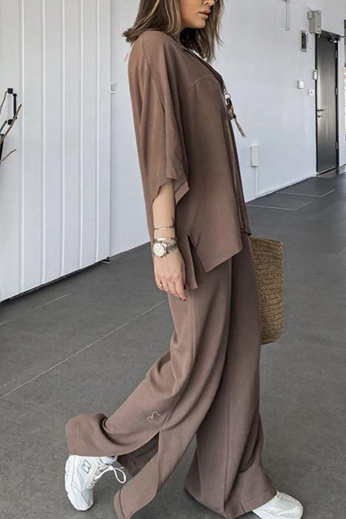 Women's lapel shirt with slit hem long pants set