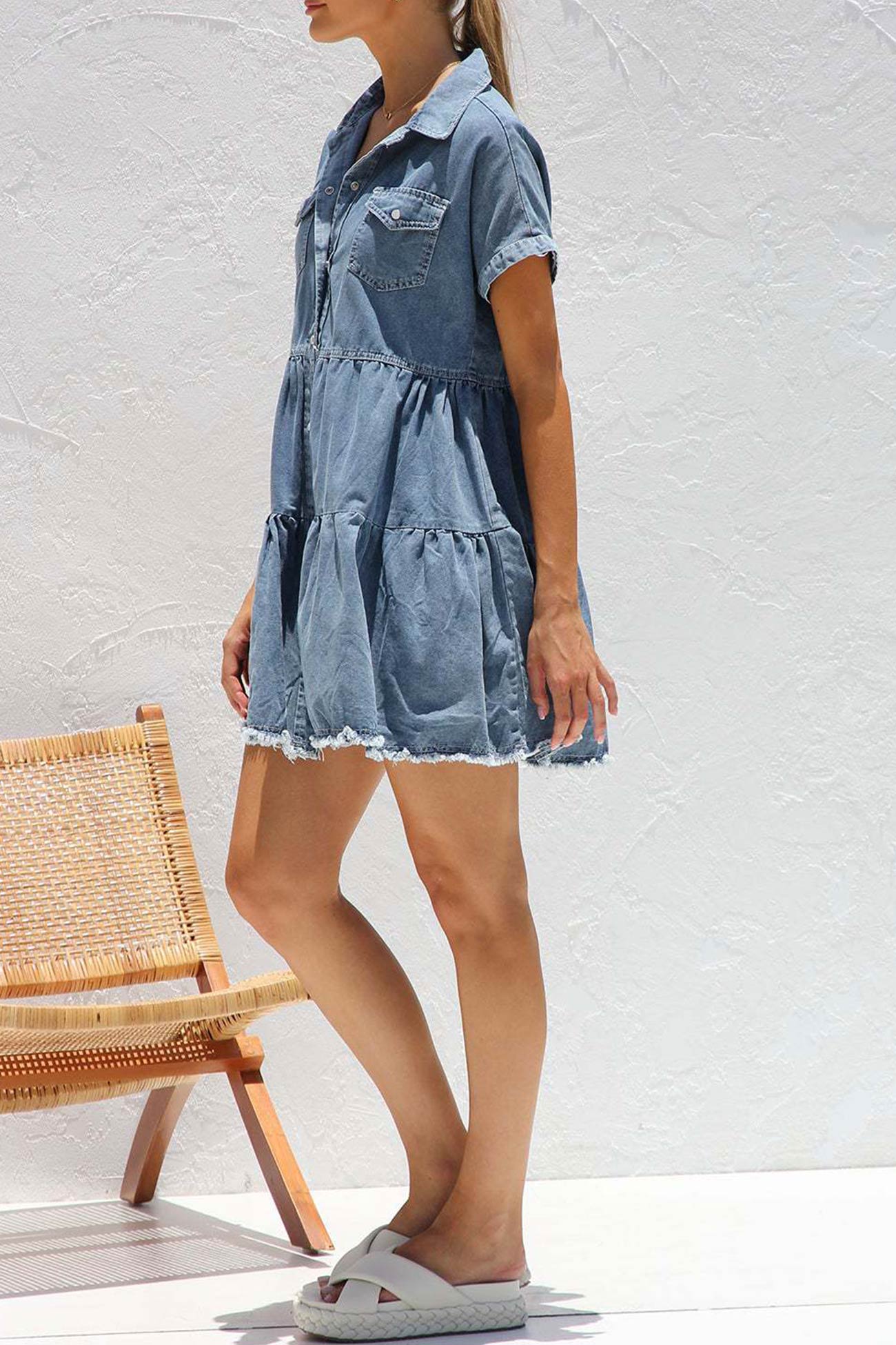 Women's Denim Dress - Button Down - Short Sleeve - Tiered Flared Fit - Frayed Hem