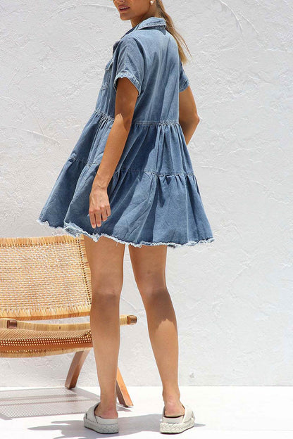Women's Denim Dress - Button Down - Short Sleeve - Tiered Flared Fit - Frayed Hem
