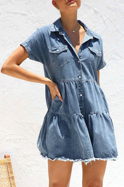 Women's Denim Dress - Button Down - Short Sleeve - Tiered Flared Fit - Frayed Hem