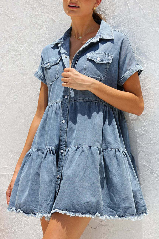 Frayed Hem Tiered Flared Denim Dress