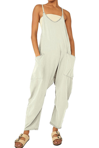 Women's Jumpsuit - Loose Fit - Adjustable Straps - Wide-Leg with Large Pockets