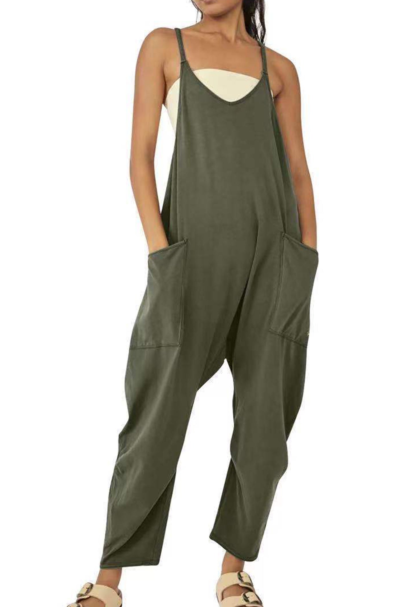 Women's Jumpsuit - Loose Fit - Adjustable Straps - Wide-Leg with Large Pockets