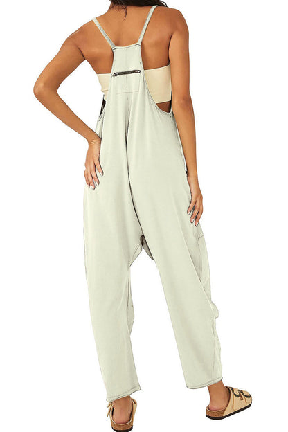 Women's Jumpsuit - Loose Fit - Adjustable Straps - Wide-Leg with Large Pockets