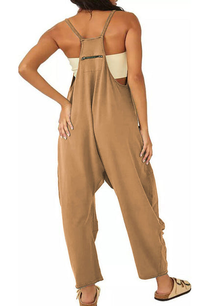 Women's Jumpsuit - Loose Fit - Adjustable Straps - Wide-Leg with Large Pockets
