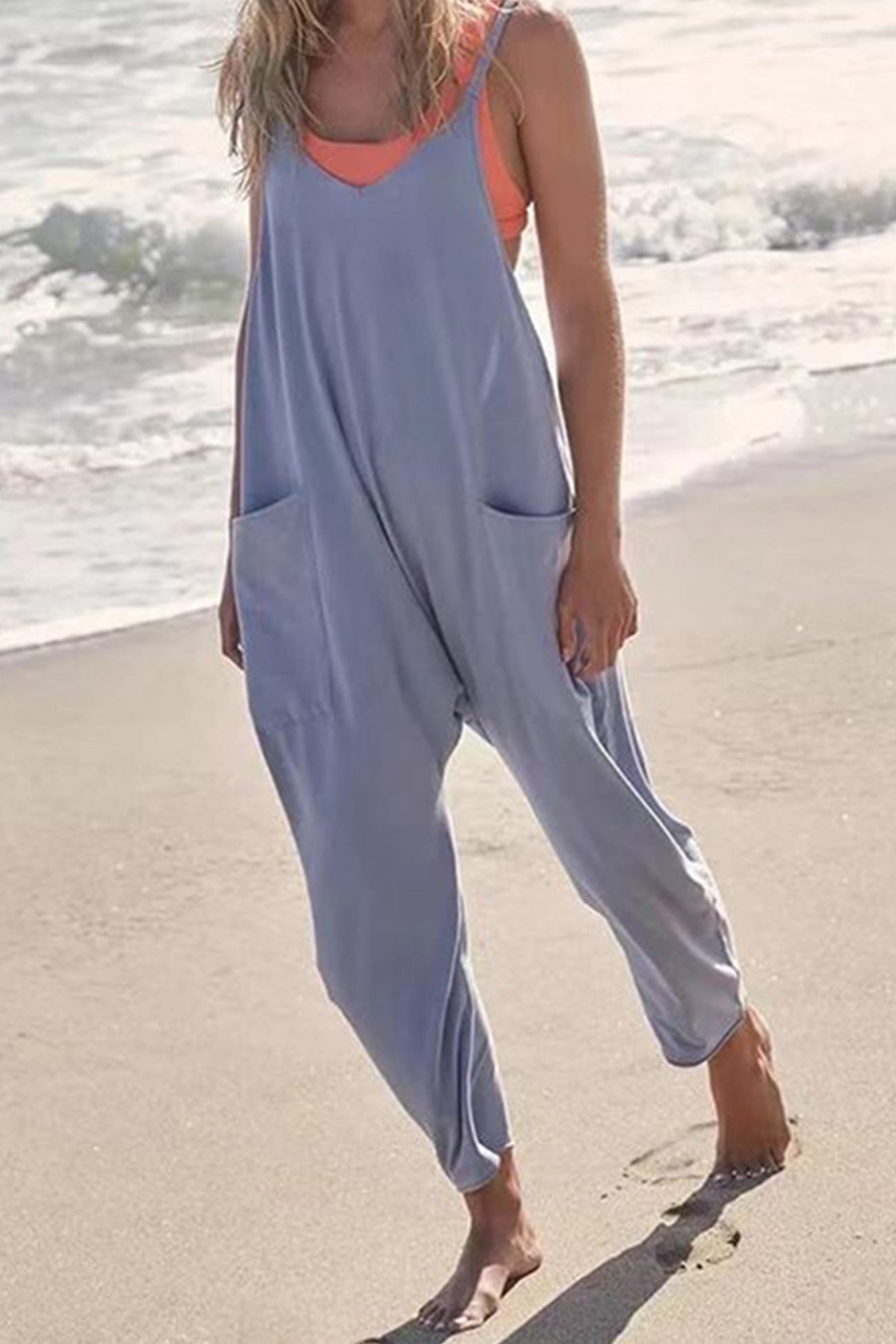 Women's Jumpsuit - Loose Fit - Adjustable Straps - Wide-Leg with Large Pockets