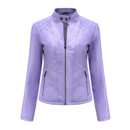 Women's casual leather stand collar jacket