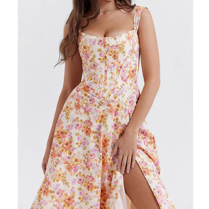 Women’s Corset Midi Dress – Floral Print – Fitted Bodice – Wide Straps – Side Slit