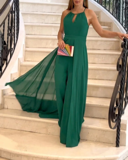 Women's Jumpsuit - Halter Neck Keyhole - Palazzo Pants - Elegant Flowing Overlay
