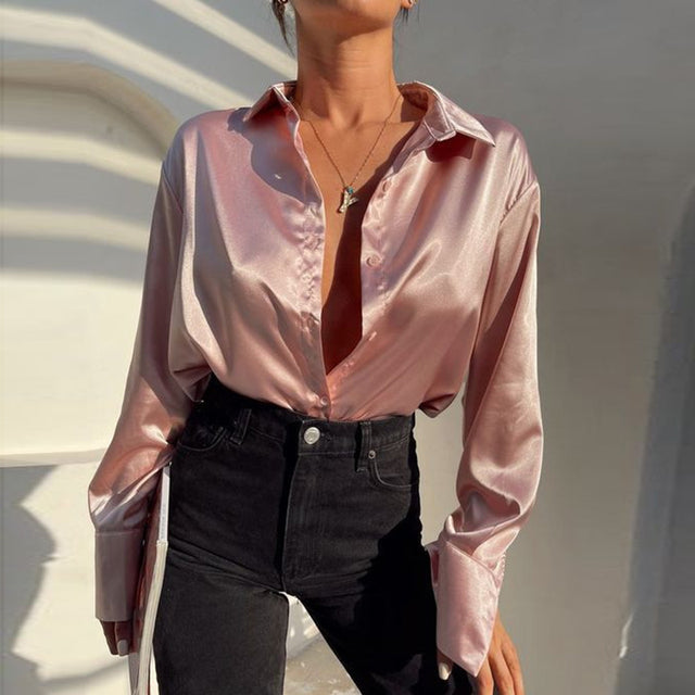 Satin Relaxed Fit Button-Up Blouse