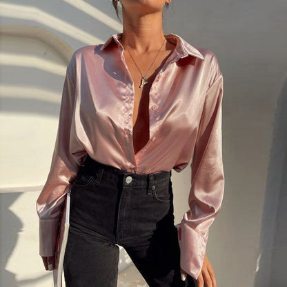 Women's Satin Blouse - Button-Up Collared Shirt - Long Sleeve Relaxed Fit