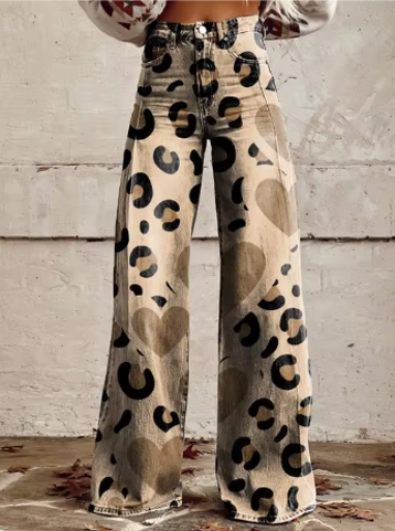 Women's heart leopard print slightly flared trousers