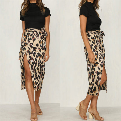 Leopard print high waist ripped slit skirt for women