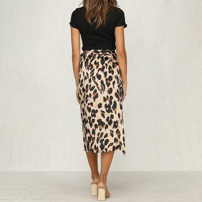 Leopard print high waist ripped slit skirt for women