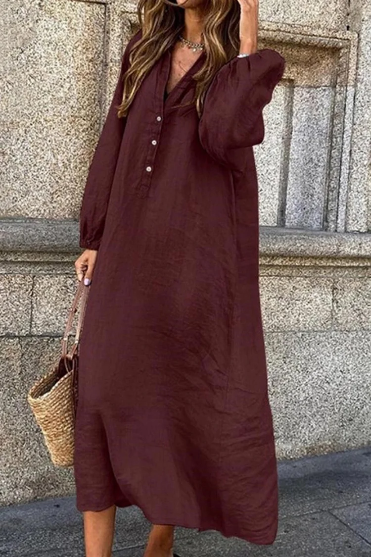 Women's Maxi Dress - Long Sleeve Button-Up - Relaxed Fit Elegant Wear