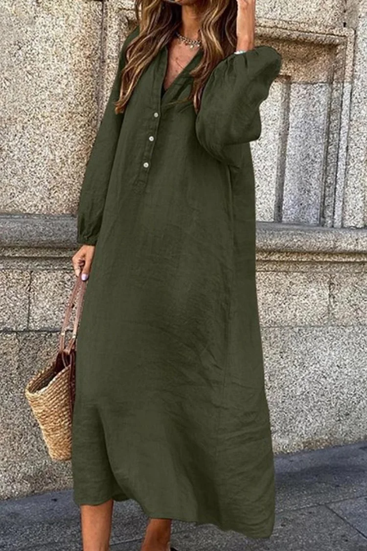 Women's Maxi Dress - Long Sleeve Button-Up - Relaxed Fit Elegant Wear