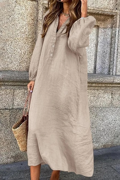 Women's Maxi Dress - Long Sleeve Button-Up - Relaxed Fit Elegant Wear