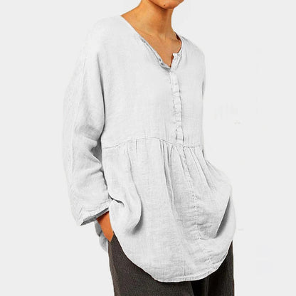 Women's Linen Tunic Top - Loose Fit V-Neck - Long Sleeve Lightweight Casual Wear