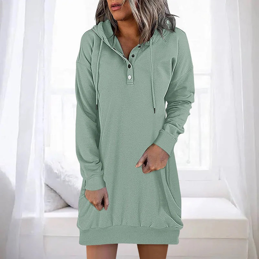 Women's Hoodie Dress - Soft Cotton Blend - Henley Neck - Long Sleeve Casual Fit