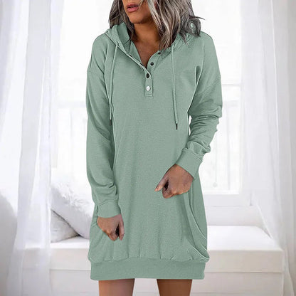 Women's Hoodie Dress - Soft Cotton Blend - Henley Neck - Long Sleeve Casual Fit
