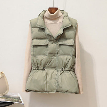 Women’s Puffer Vest – Quilted Fit – Drawstring Waist – Standing Collar – Chest Pockets