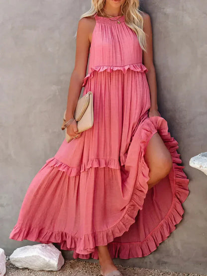 Women’s Maxi Dress – Halter Neck – Ruffle Layers – Flowy Fit – Lightweight Cotton