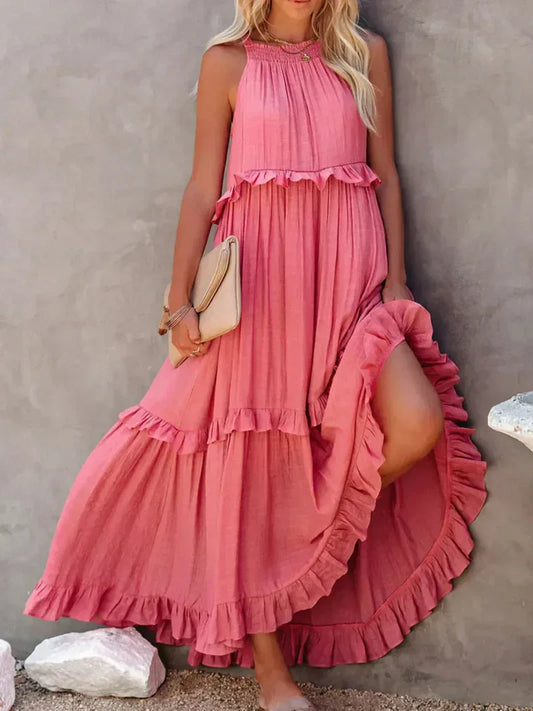 Lightweight Ruffle Layered Halter Neck Maxi Dress