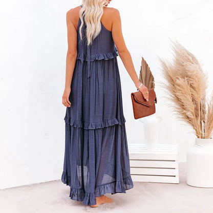 Women’s Maxi Dress – Halter Neck – Ruffle Layers – Flowy Fit – Lightweight Cotton