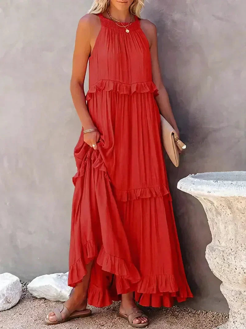 Lightweight Ruffle Layered Halter Neck Maxi Dress