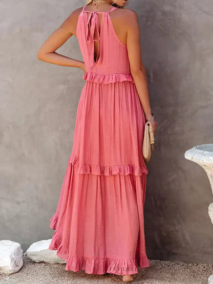 Women’s Maxi Dress – Halter Neck – Ruffle Layers – Flowy Fit – Lightweight Cotton