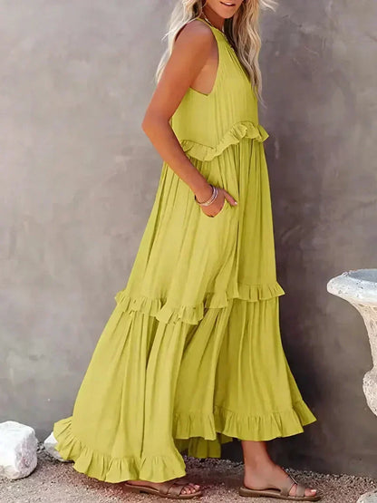 Women’s Maxi Dress – Halter Neck – Ruffle Layers – Flowy Fit – Lightweight Cotton