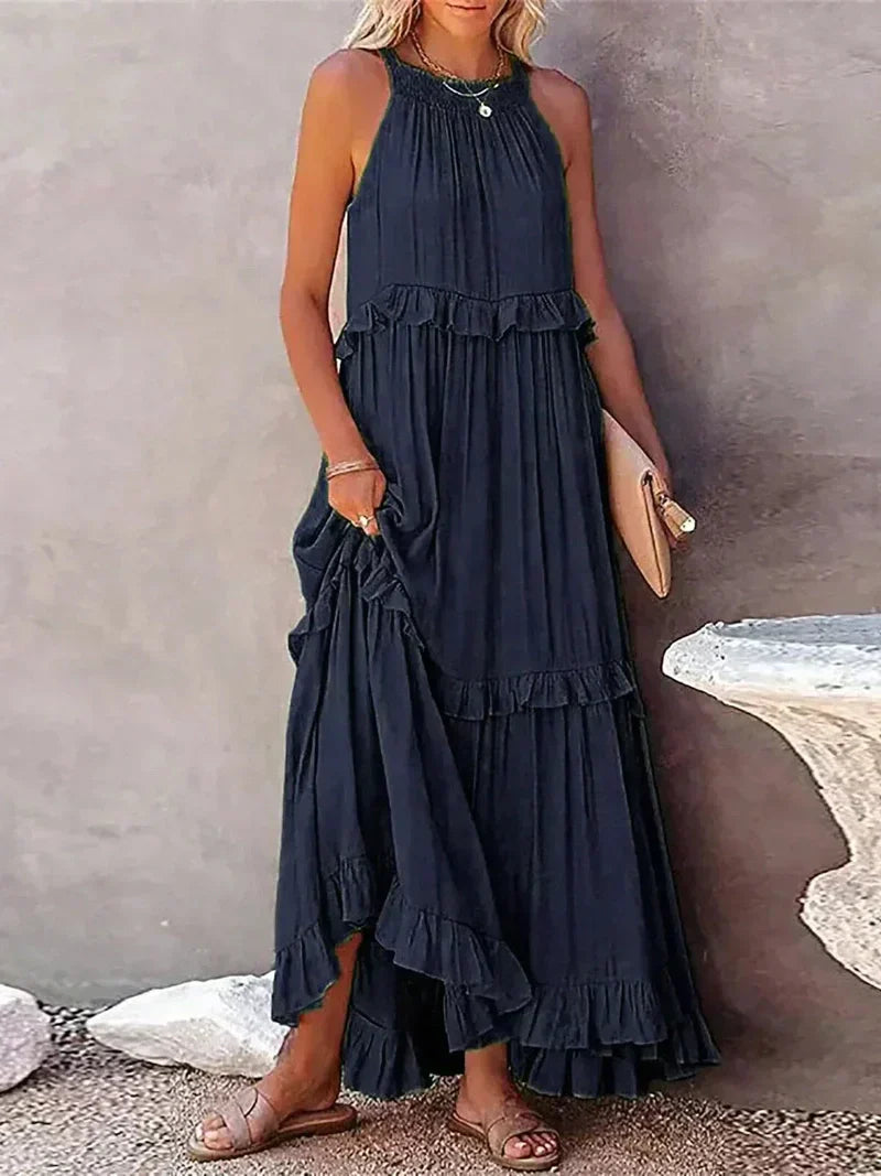Lightweight Ruffle Layered Halter Neck Maxi Dress