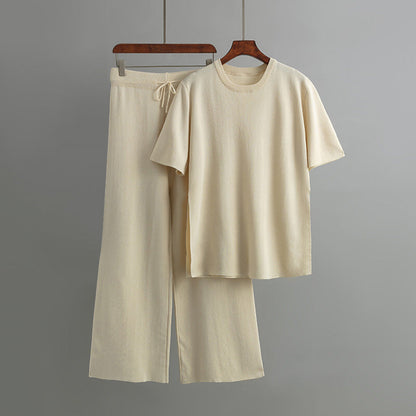Women’s Loungewear Set – Soft Knit – Relaxed Fit – Short Sleeve Top & Wide-Leg Pants