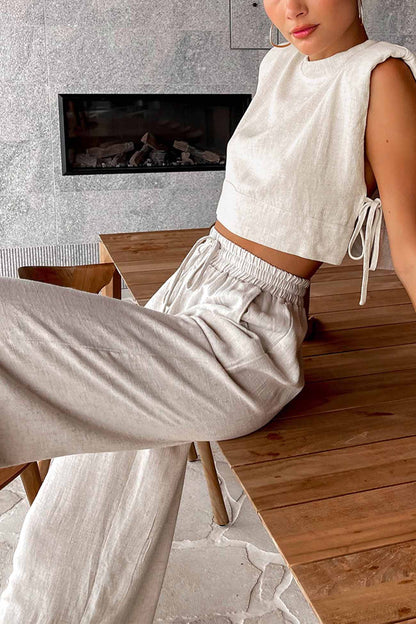 Women's Linen Crop Top & Wide-Leg Pants Set - Sleeveless - Side Tie - High-Waist Elastic Fit