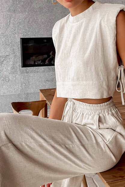 Women's Linen Crop Top & Wide-Leg Pants Set - Sleeveless - Side Tie - High-Waist Elastic Fit
