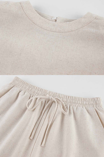 Women's Linen Crop Top & Wide-Leg Pants Set - Sleeveless - Side Tie - High-Waist Elastic Fit