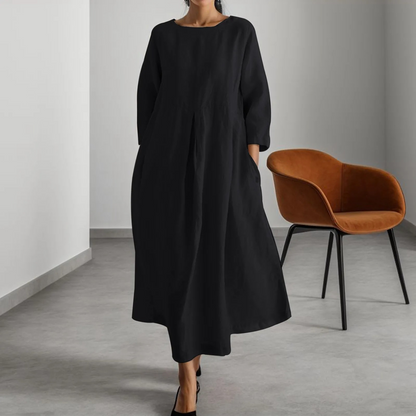 Women's Long Dress - Relaxed Fit - Full Length - Round Neck - Long Sleeve - With Pockets