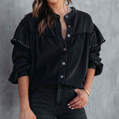 Women's raw edge denim jacket with rivet and balloon sleeves