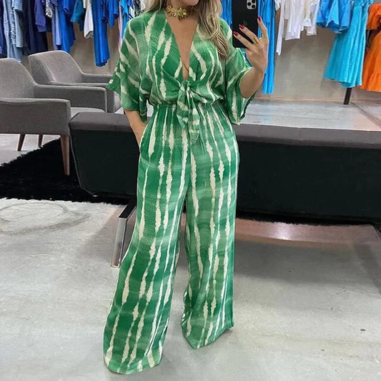 Printed Belted V-Neck Half-Sleeve Jumpsuit