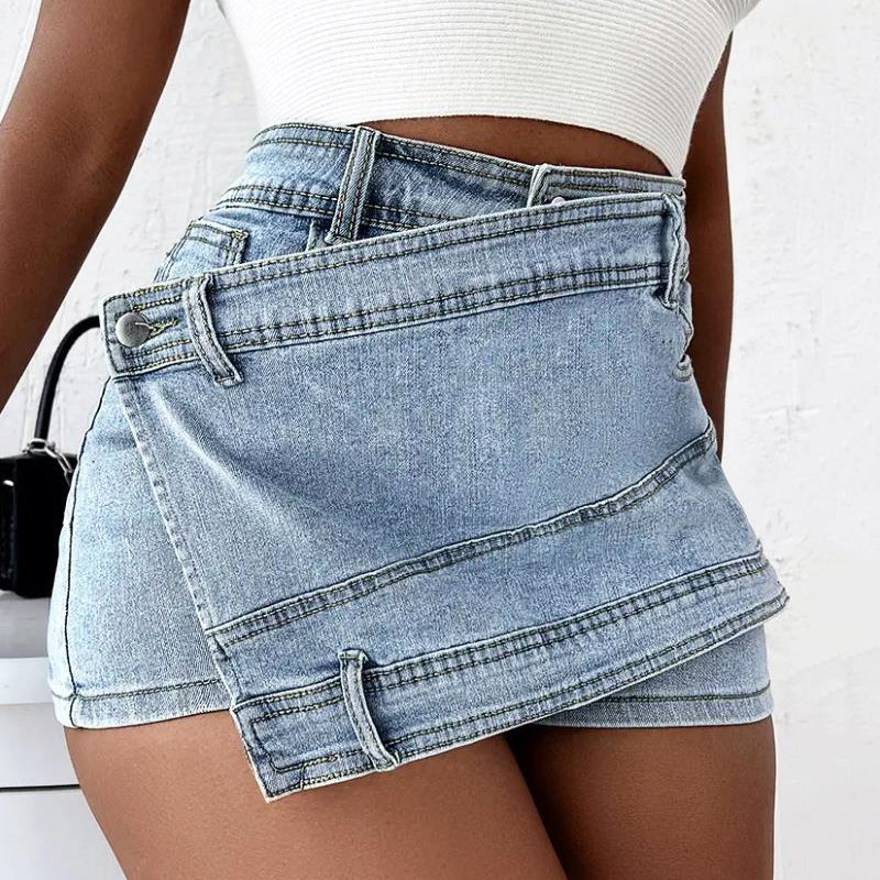 Women's Denim Mini Skirt - Asymmetrical Wrap Style - Layered Look - Button Closure