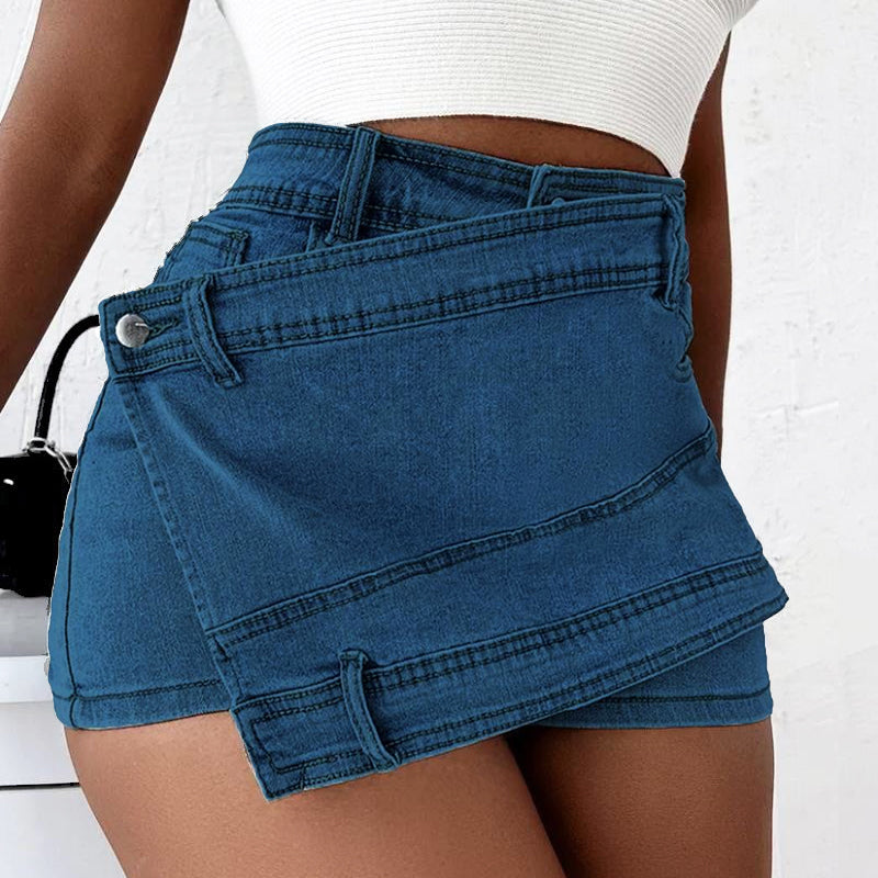 Women's Denim Mini Skirt - Asymmetrical Wrap Style - Layered Look - Button Closure