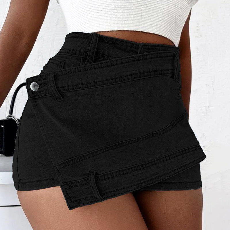 Women's Denim Mini Skirt - Asymmetrical Wrap Style - Layered Look - Button Closure