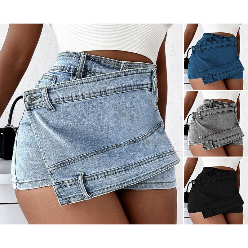 Women's Denim Mini Skirt - Asymmetrical Wrap Style - Layered Look - Button Closure