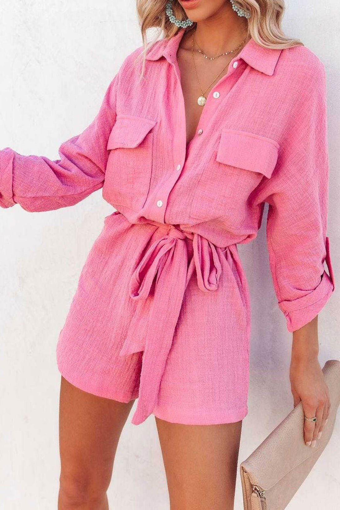 Precilla - long sleeve tie-waist shirt rompers