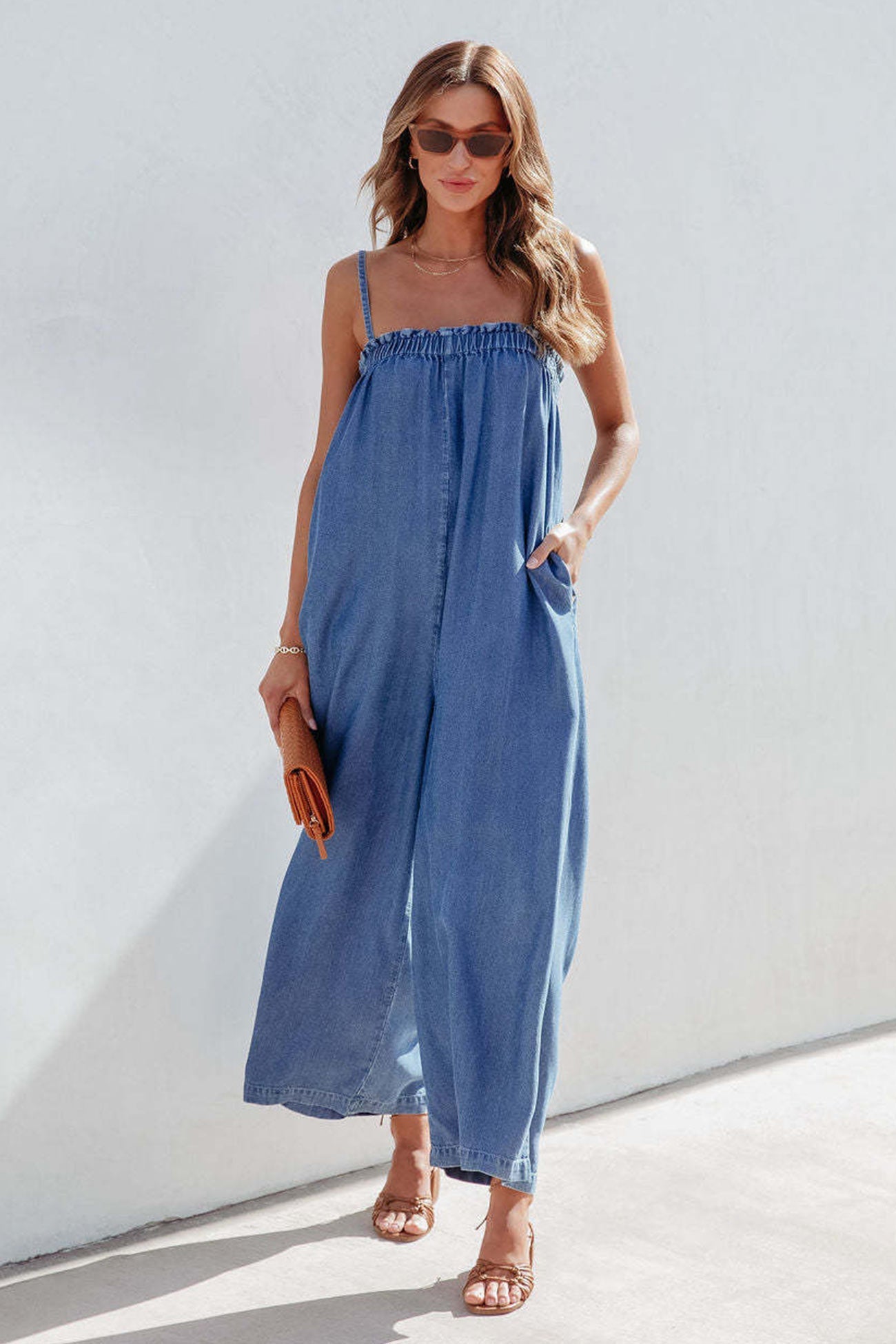 Women's Jumpsuit - Loose Fit - Smocked Top - Adjustable Straps - Wide Leg - With Pockets