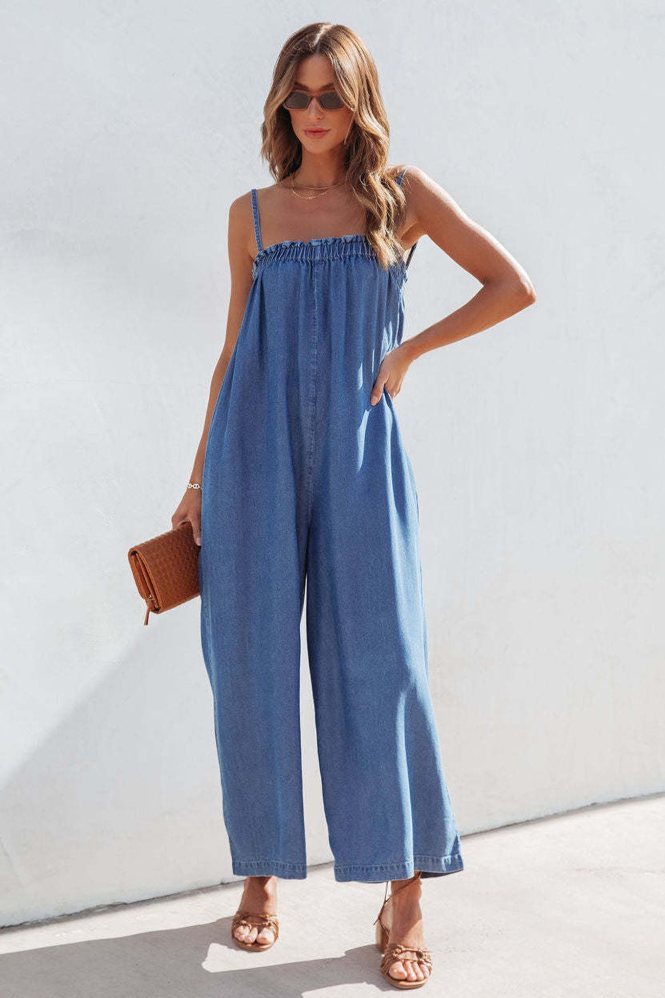 Women's Jumpsuit - Loose Fit - Smocked Top - Adjustable Straps - Wide Leg - With Pockets