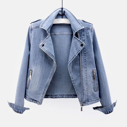 Women's Denim Jacket - Tailored Fit - Biker Style - Zipper Closure - Stylish Lapels