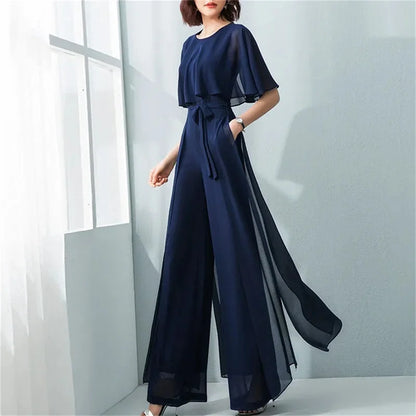 Women's Jumpsuit - Wide-Leg Flowy Fit - Elegant Overlay - Belted Waist Formal Wear