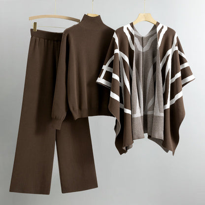 Women's knitted turtleneck sweater bat-sleeve shawl and wide leg pants set