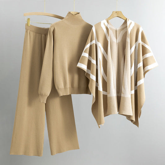 Knitted Bat-Sleeve Turtleneck Sweater and Pants Set